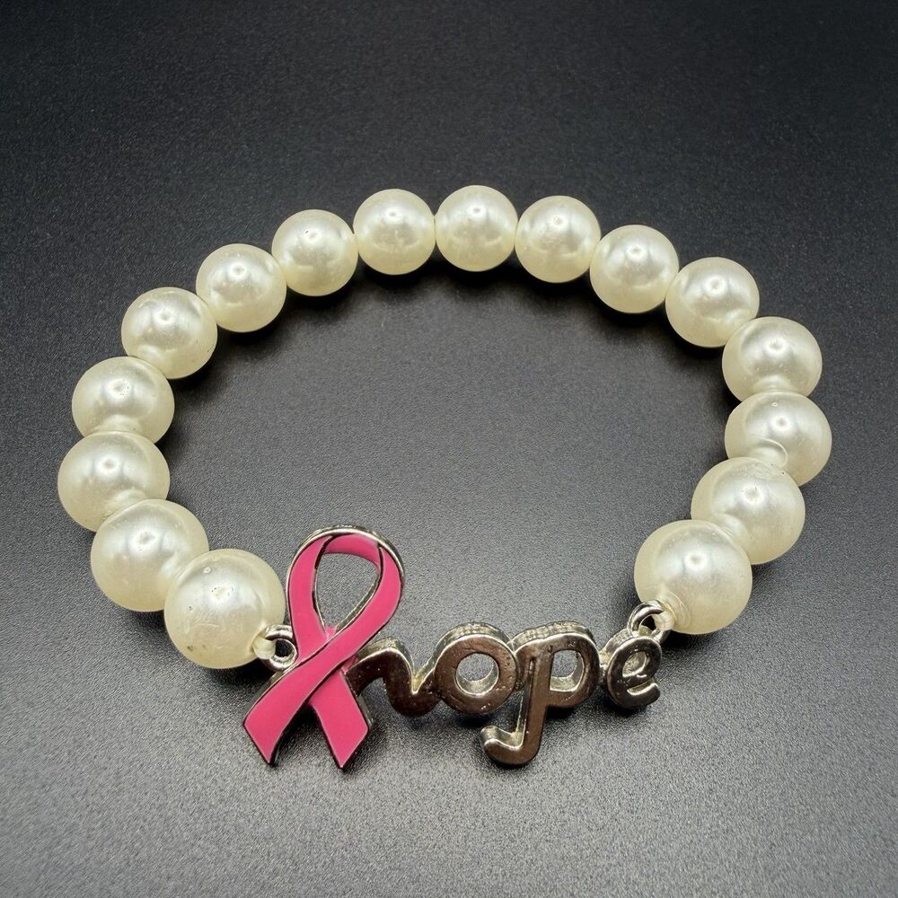 Pink Ribbon Breast Cancer Awareness Pearl Bracelet Hope Charm Support Gift